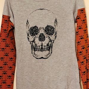 Halloween Shirt Gray Glitter Black Skull  Jr. Lrg